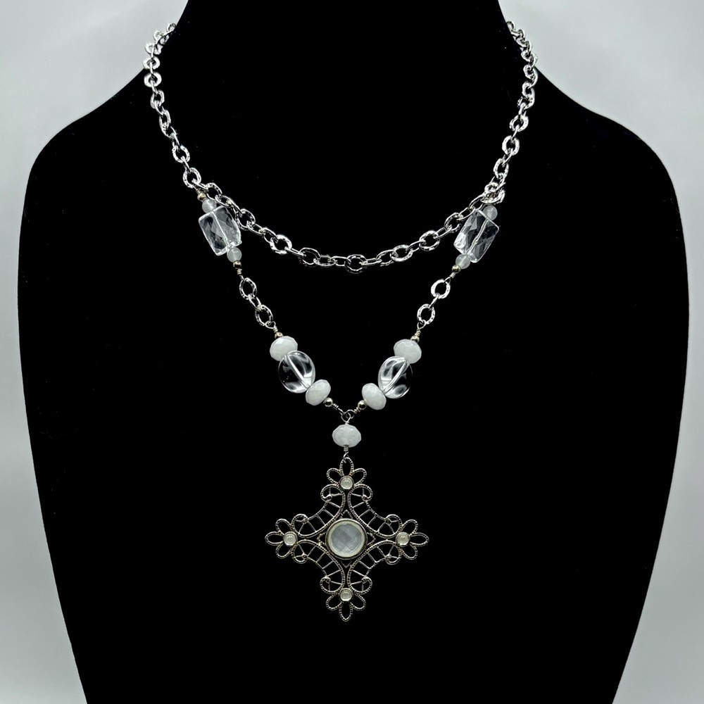 Studio Barse Natural Quartz Layered Silver-Tone Filagree Cross Necklace